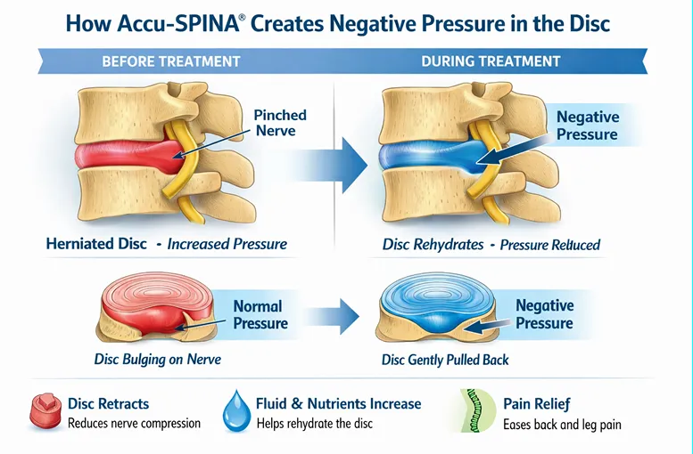 Diagram showing how the Accu-SPINA system creates negative intradiscal pressure to decompress spinal discs and promote healing
