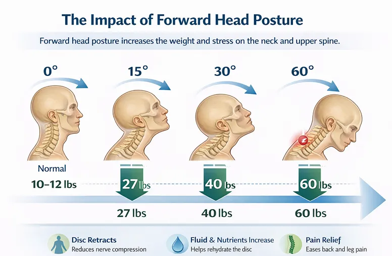 Forward head posture diagram showing how each degree of forward tilt dramatically increases the effective weight on the cervical spine